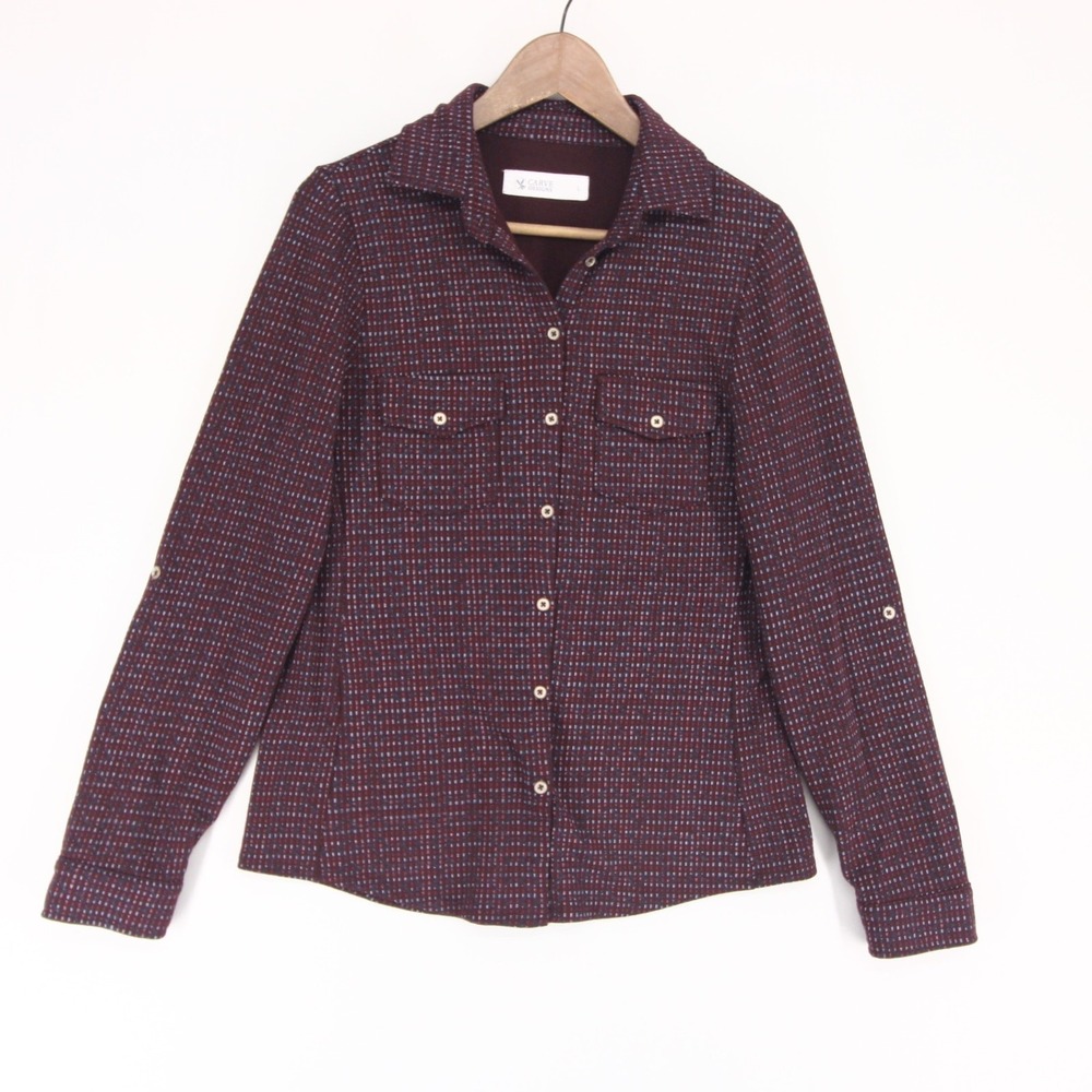 Carve Designs Dahlia Shirt Women L Burgundy Print Button Up Roll Tab Sleeve
